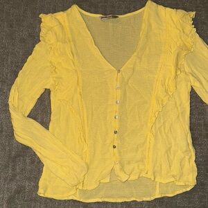 Yellow Ruffled V-Neck Button-Up Top